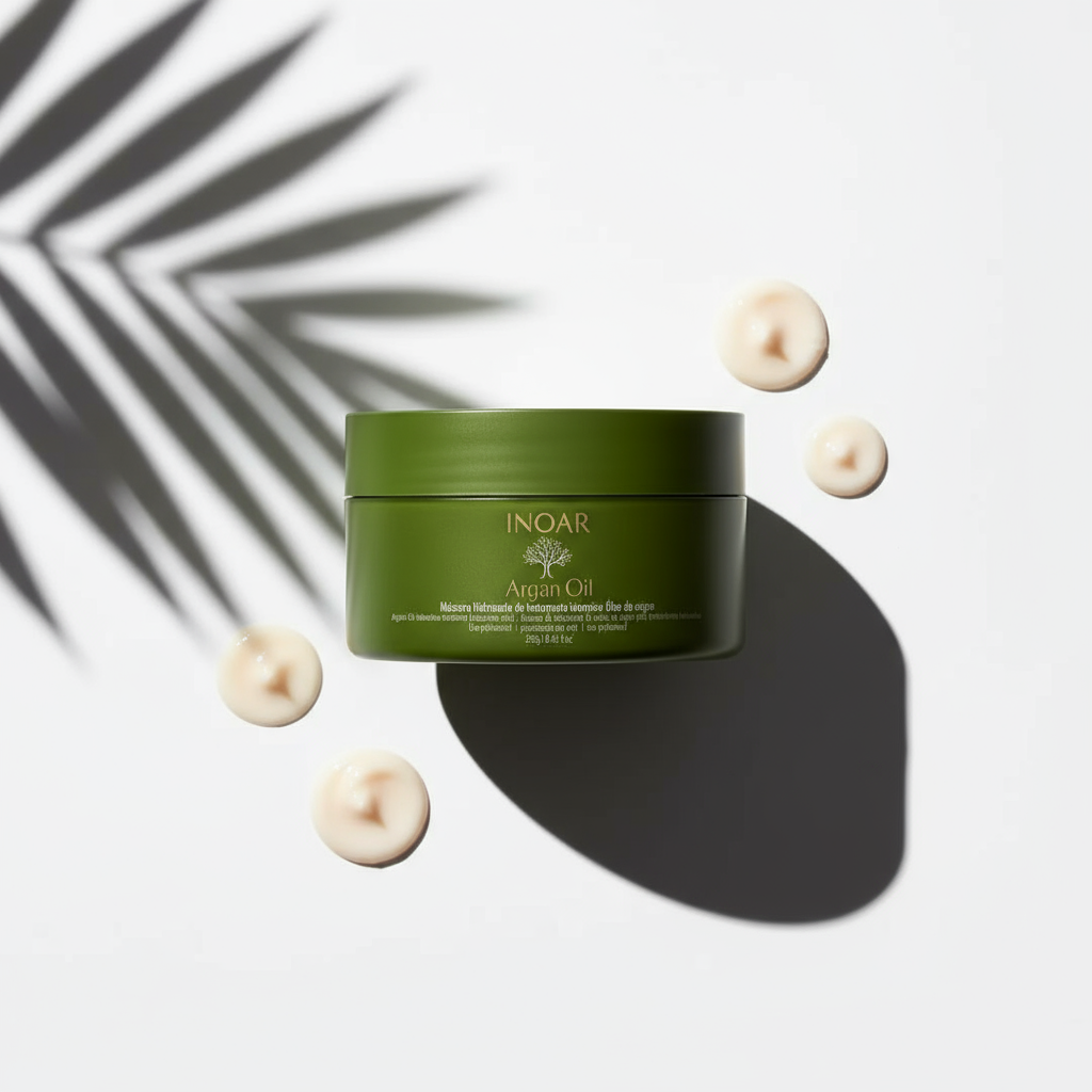 Inoar Argan Moisture Mask in green jar with creamy texture drops on white background