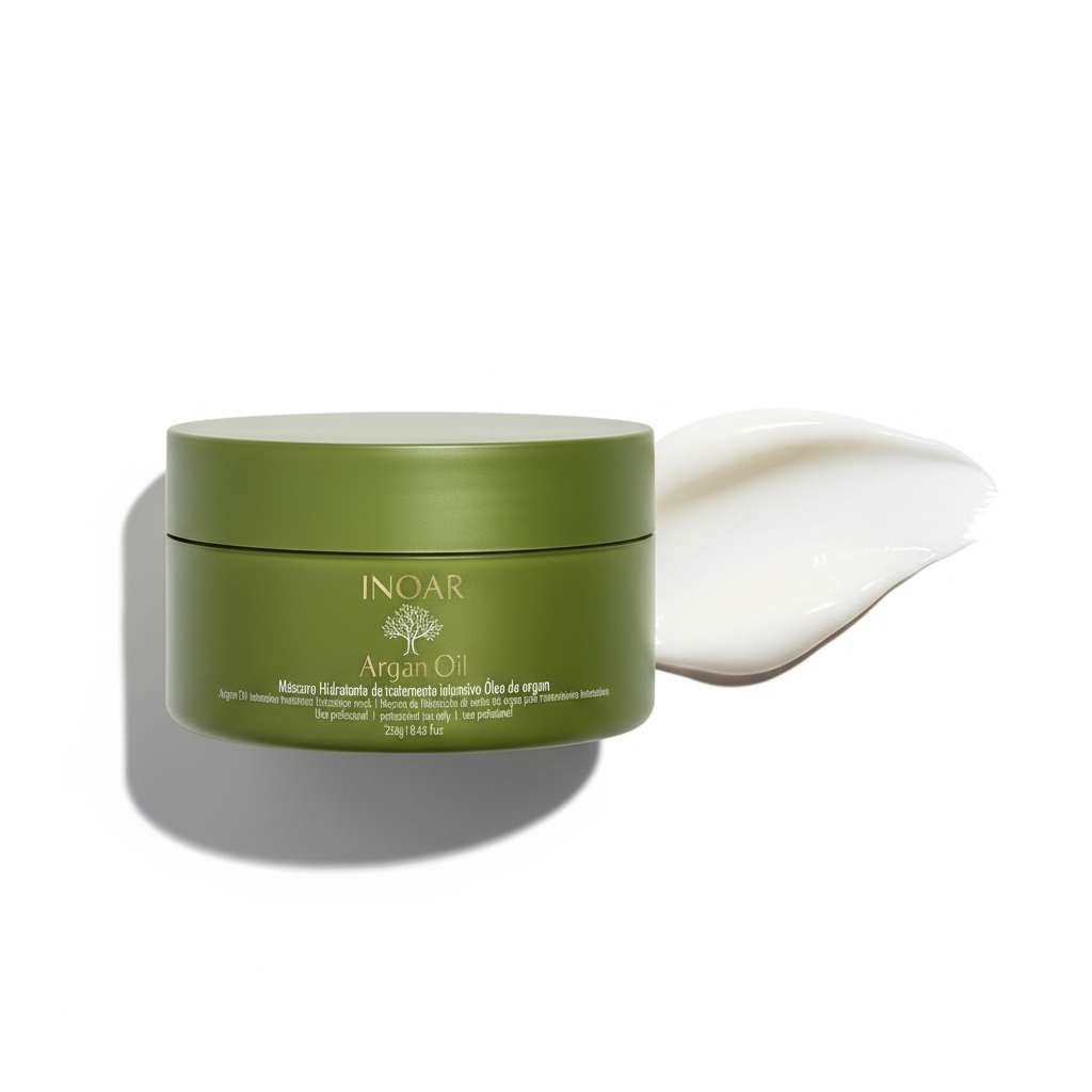 Inoar Argan Moisture Mask in green jar with creamy white texture for deep hydration