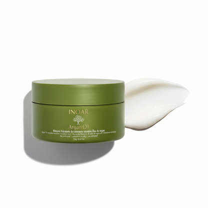 Inoar Argan Moisture Mask in green jar with creamy white texture for deep hydration