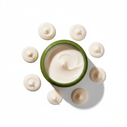 Open jar of Inoar Argan Moisture Mask cream with surrounding dollops of smooth moisturizing mask