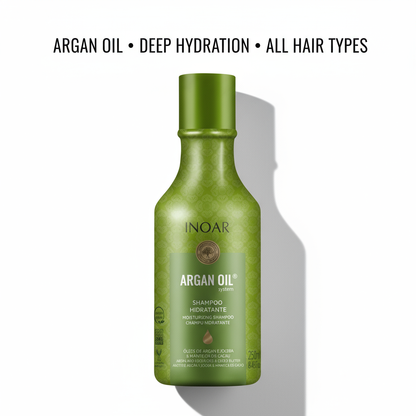 Inoar argan moisturizing shampoo bottle with argan oil for deep hydration and all hair types