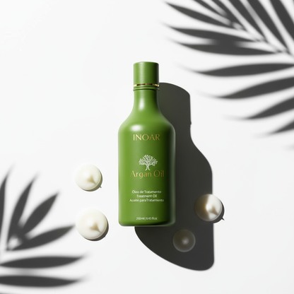 Inoar argan oil conditioner for dry hair in green bottle with cream swirls on white background