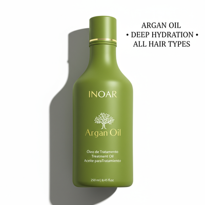 Inoar argan oil conditioner for dry hair in a green 250ml bottle with deep hydration for all hair types