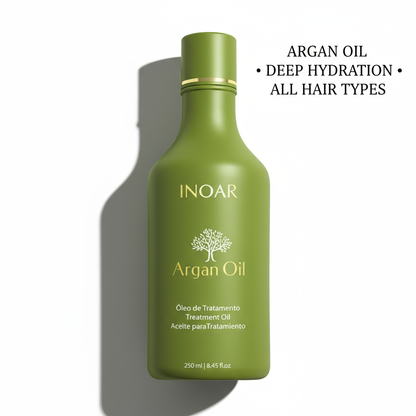 Inoar argan oil conditioner for dry hair in a green 250ml bottle with deep hydration for all hair types