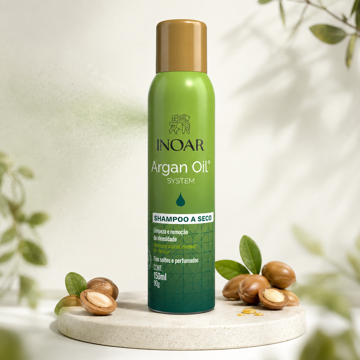 Inoar Argan Oil Dry Shampoo 150ml with argan nuts for refreshing oily roots between washes