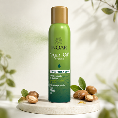 Inoar Argan Oil Dry Shampoo 150ml with argan nuts for refreshing oily roots between washes