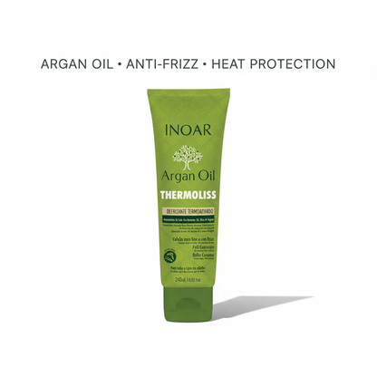 Inoar Argan Oil Thermoliss Anti-Frizz Balm green tube with heat protection and anti-frizz formula