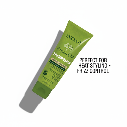 Inoar Argan Oil Thermoliss Anti-Frizz Balm in green tube perfect for heat styling and frizz control