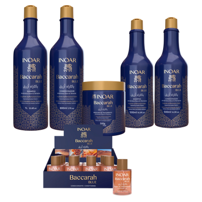 Inoar Baccarah Blue shampoo, conditioner and 7ml finishing treatment oil range