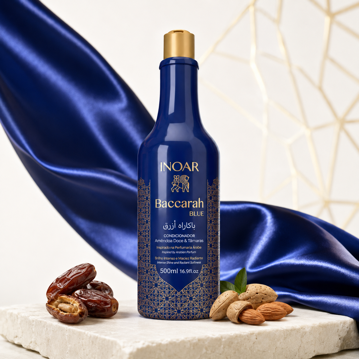 Inoar Baccarah Blue Conditioner 500ml with dates, sweet almonds and blue silk representing smooth frizz-controlled hair