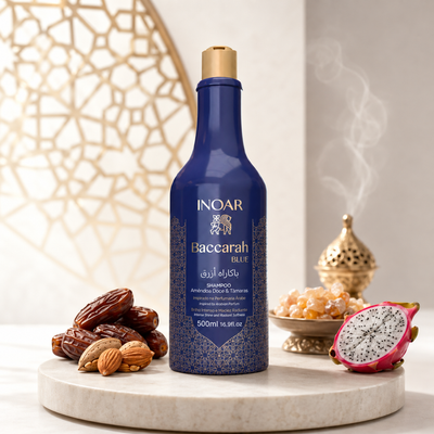 Inoar Baccarah Blue Shampoo 500ml with dates, sweet almonds, pitaya and an Arabian fragrance-inspired setting