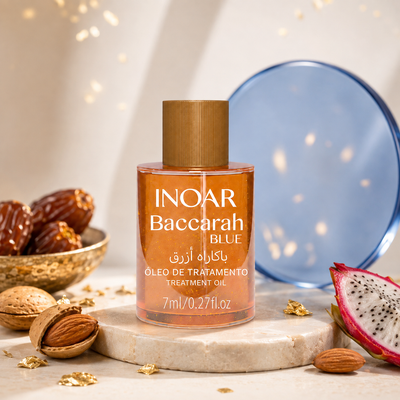 Inoar Baccarah Blue Treatment Oil 7ml with dates, sweet almonds and pitaya for a smooth glossy finish