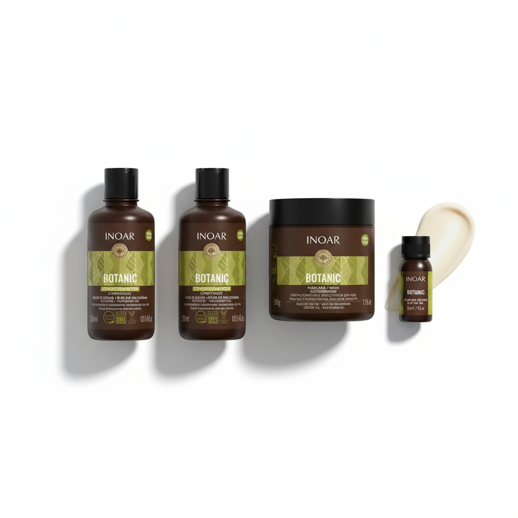 Inoar Botanic Complete Natural Care Bundle with shampoo, conditioner, hair mask, and treatment oil in brown bottles