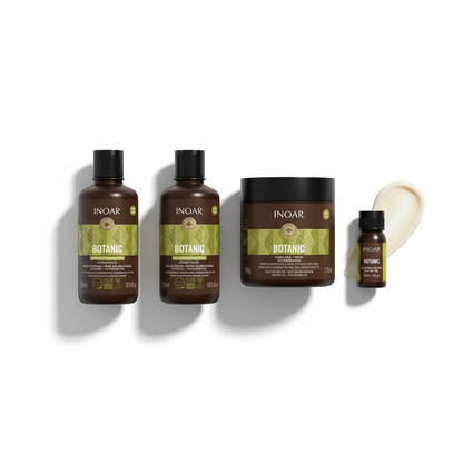 Inoar Botanic Complete Natural Care Bundle with shampoo, conditioner, hair mask, and treatment oil in brown bottles