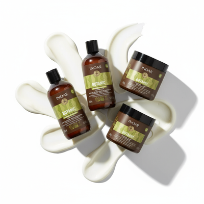 Inoar Botanic Complete Natural Care Bundle with shampoo and hair masks on white cream background