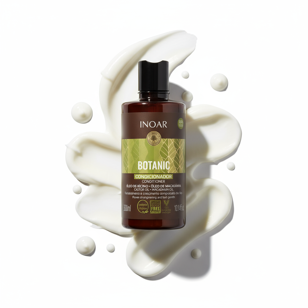 Inoar botanic conditioner with castor oil in brown bottle with green label on white cream background