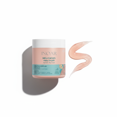 Inoar curly mask Meu Cacho Meu Crush best hair jelly for curly hair South Africa in pink container with product smear