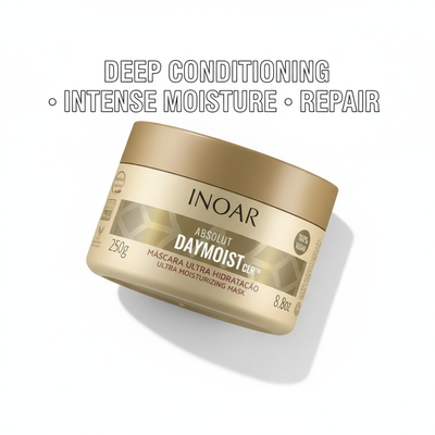 Inoar Day Moist Mask deep conditioning treatment ultra moisturizing hair mask in gold jar