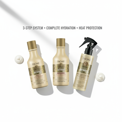 Inoar Daymoist Complete Hydration System hair care bundle with shampoo, conditioner, and heat protection spray