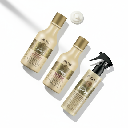 Inoar Daymoist Complete Hydration System hair care bundle with shampoo conditioner and spray bottle