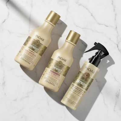 Inoar Daymoist Complete Hydration System hair care bundle with shampoo, conditioner, and leave-in spray bottles