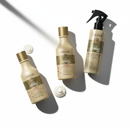 Inoar Daymoist Complete Hydration System hair care bundle with shampoo, conditioner, and spray bottle