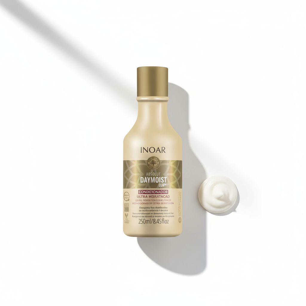 Inoar Daymoist Conditioner bottle with cream swatch showing ultra moisturizing formula