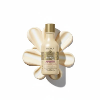 Inoar Daymoist Conditioner bottle with cream swirls showing rich moisturizing texture