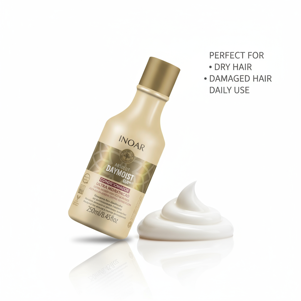 Inoar Daymoist Conditioner bottle with creamy lotion swirl perfect for dry and damaged hair