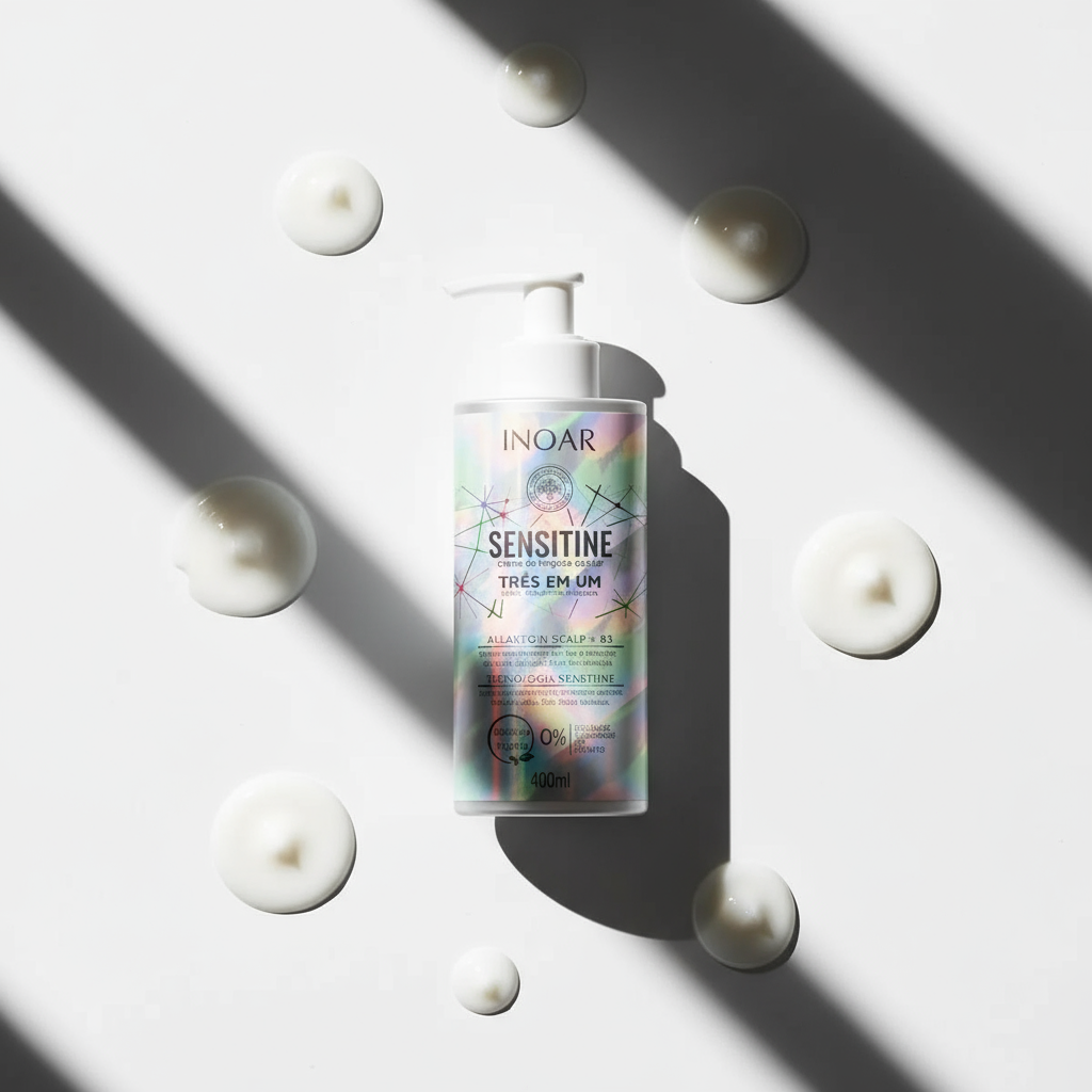 Inoar gentle hair cleansing lotion Sensitine bottle with lotion drops on white background