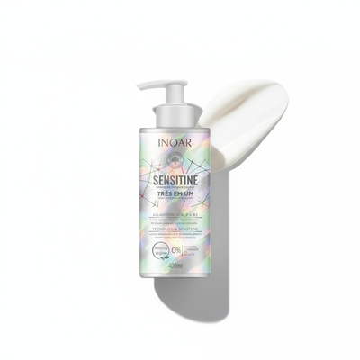Inoar Sensitine gentle hair cleansing lotion in 400ml bottle with pump dispenser and creamy texture