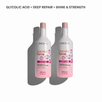 Inoar glycolic acid shampoo and conditioner bundle with deep repair for shine and strength