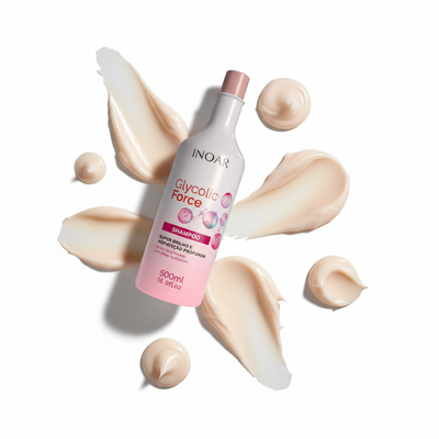 Inoar glycolic acid shampoo and conditioner bundle with creamy product texture on white background