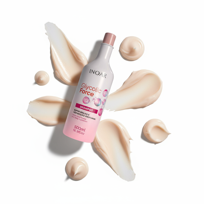 Inoar glycolic acid shampoo and conditioner bundle with creamy product texture on white background