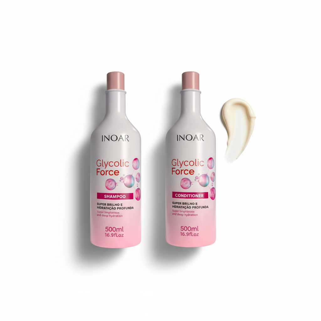 Inoar glycolic acid shampoo and conditioner bundle with 500ml bottles and creamy texture