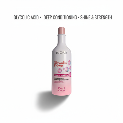 INOAR Glycolic Force Conditioner bottle with glycolic acid for deep conditioning shine and strength