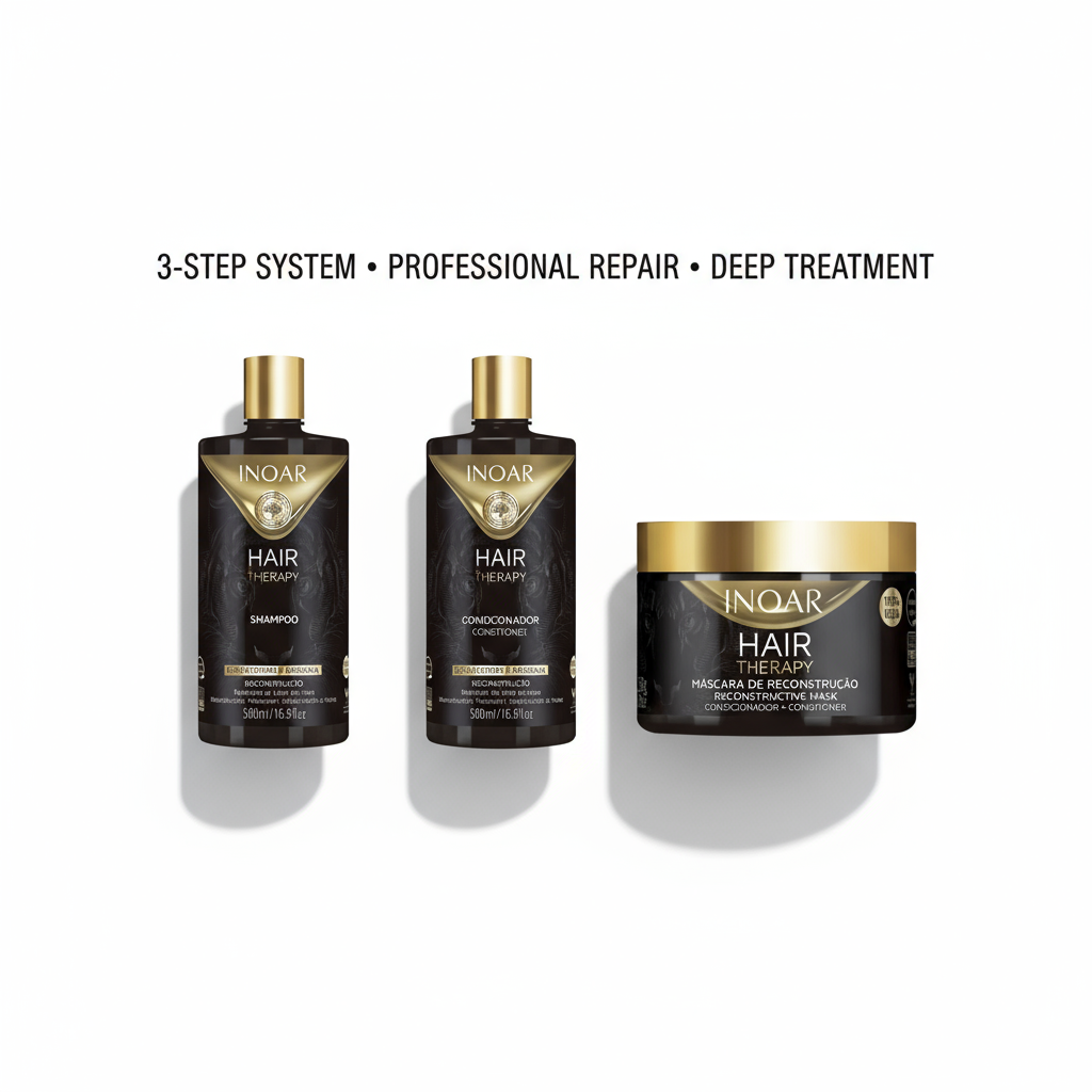 Inoar Hair Therapy 3-Step Repair System hair care bundle with shampoo conditioner and reconstruction mask