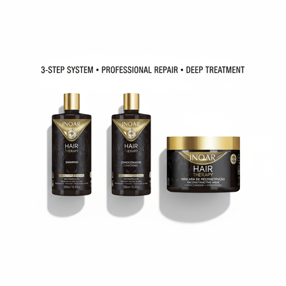 Inoar Hair Therapy 3-Step Repair System hair care bundle with shampoo conditioner and reconstruction mask