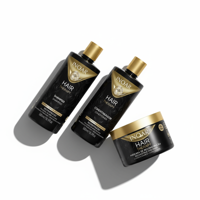 Inoar Hair Therapy 3-Step Repair System shampoo conditioner and hair mask bundle in black and gold bottles