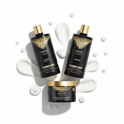 Inoar Hair Therapy 3-Step Repair System hair care bundle with black and gold shampoo and treatment containers