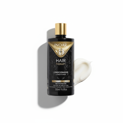 Inoar Hair Therapy Conditioner black bottle with gold cap and creamy conditioner swatch