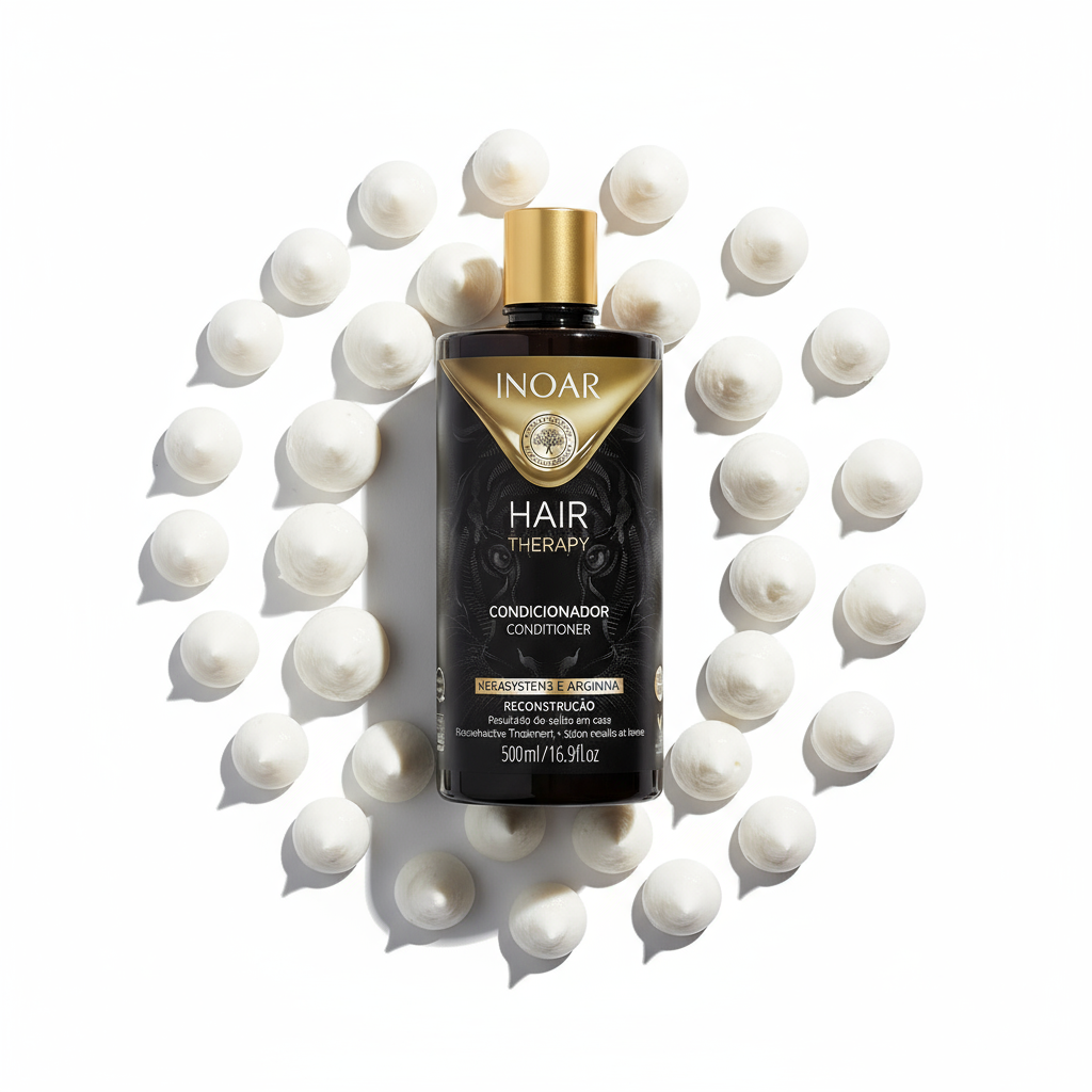 Inoar Hair Therapy Conditioner bottle surrounded by white cream dollops on white background