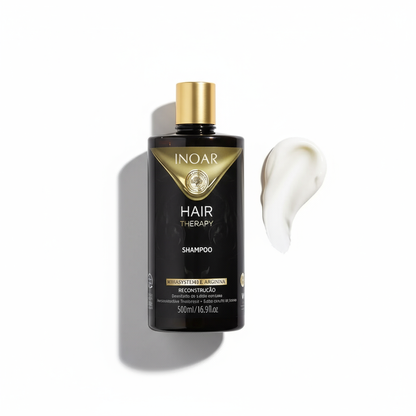 Inoar Hair Therapy Shampoo bottle with cream texture swatch on white background