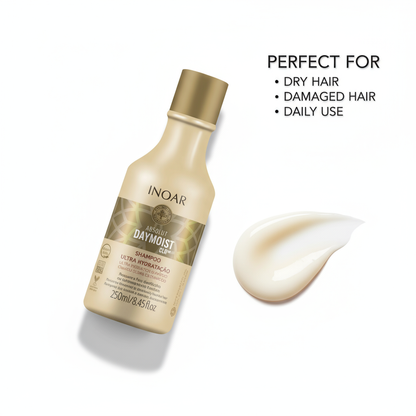 Inoar Absolut Daymoist Shampoo bottle with creamy texture perfect for dry damaged hair and daily use