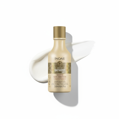 Inoar Absolut Daymoist Shampoo bottle with hydrating cream background for ultra moisturizing hair care