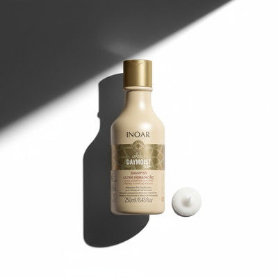 Inoar Absolut Daymoist Shampoo bottle with cream sample on white background with shadow