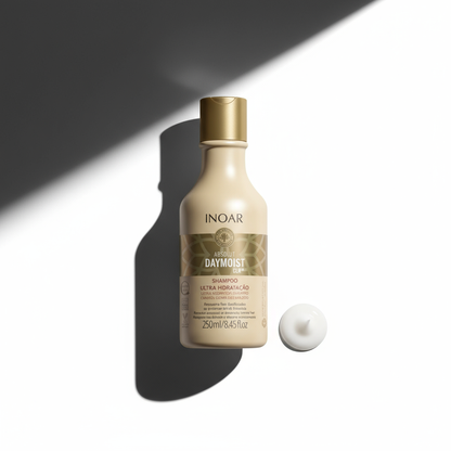 Inoar Absolut Daymoist Shampoo bottle with cream sample on white background with shadow
