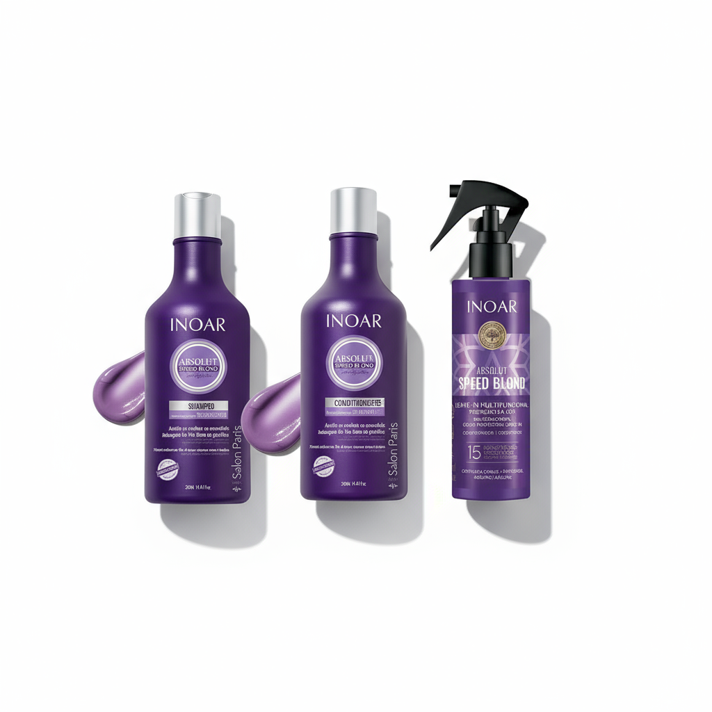 Inoar Absolut Speed Blond 3-Step System hair care bundle with shampoo conditioner and spray in purple bottles