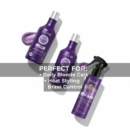 Inoar Absolut Speed Blond 3-Step System purple hair care bundle with shampoo, conditioner, and heat protection spray