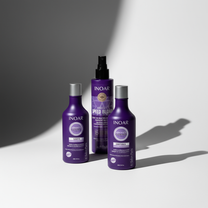 Inoar Absolut Speed Blond 3-Step System hair care bundle with shampoo, conditioner, and treatment spray bottles